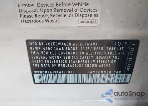 2011 Volkswagen Golf Tdi 4-Door z USA, uszkodzony, nr VIN WVWDM7AJ9BW177815